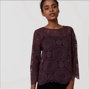 Ann Taylor Sheer Laced Long Sleeve Top Round Neck Key Hole Button XS Plum #4224